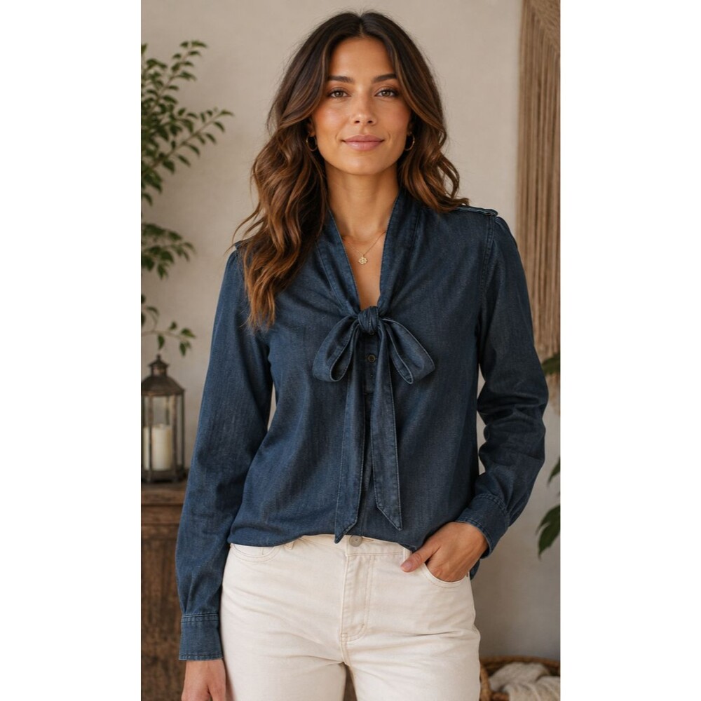 Banana Republic Denim Blouse with attached ties, subtle epaulets, size S